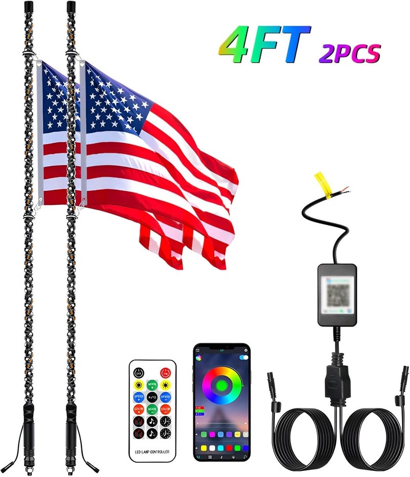 S7 2PCS 4FT Whip Lights, LED Whip Light with App & Remote Control, Spiral RGB Chasing Lighted Antenna Whips,Whip Light for UTV ATV RZR SXS Can-Am Dune Buggy Offroad Truck (4ft) - Image 1